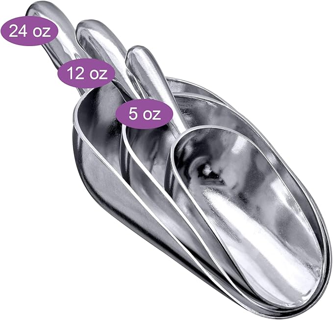 Amazing Abby - Elsa - Aluminum Ice Scoops (3-Piece Set), Cast Aluminum Utility Scoops, 5/12/24-Ounce Capacity, Food-Grade, Good for Home and Commercial Use, NOT Dishwasher-Safe, Hand-Wash Recommended