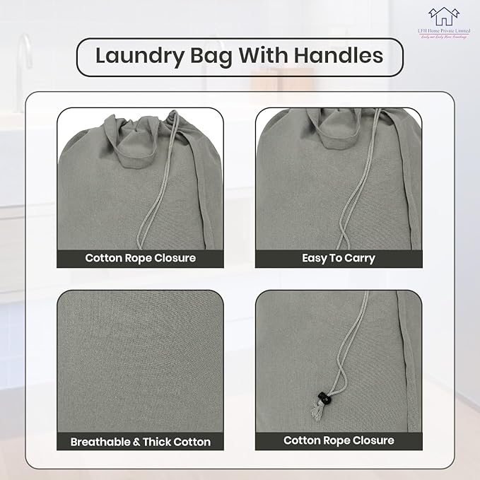 LFH Home Cotton Canvas Large Laundry Bag with Handle, Heavy Duty Drawstring Closure Washable Laundry Bags, School Travel, Home, Hotel, College Dorm, Organizer Sack, Toys Clothes 24x36 (Pack of 4)-Grey