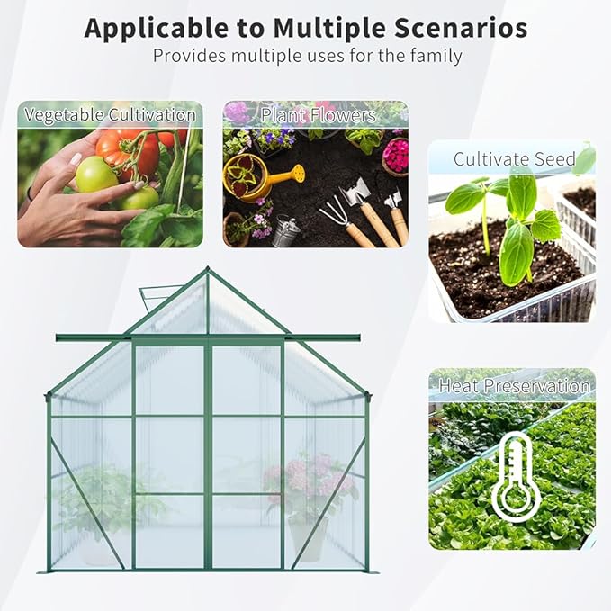 Double Sliding Door Polycarbonate Greenhouse with Rain Gutter and Roof Vent, Raised Base and Anchor Aluminum Heavy Duty Walk-in Green House, Outdoor Patio Sunroom (Green, 73.75*94.5*89.5in)