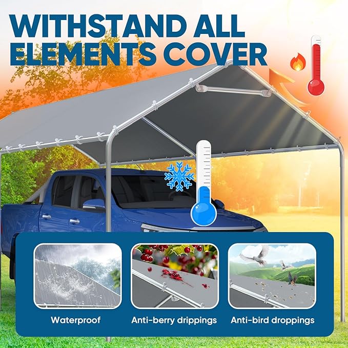 Quictent 10x20 ft Heavy Duty Carport Canopy Galvanized Car Tent Outdoor Garage Boat Shelter with Reinforced Structure, No Sidewall - Gray