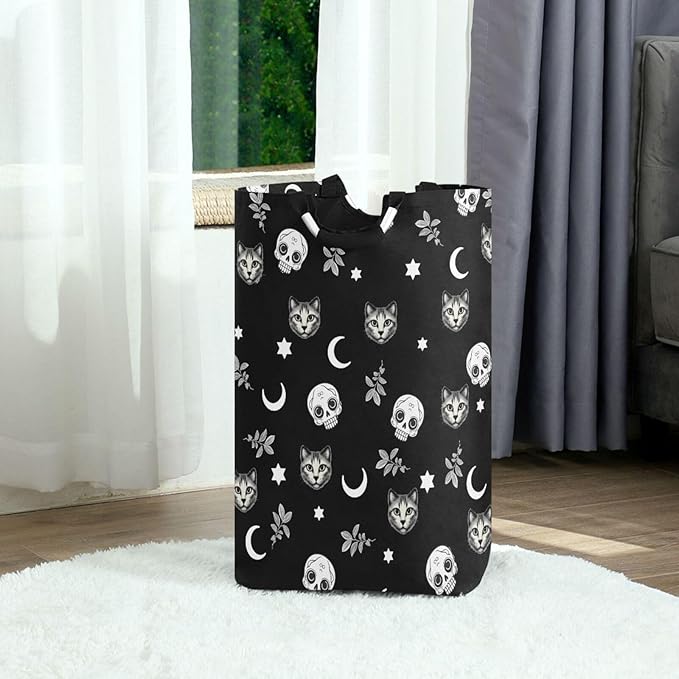 Gothic Moon Skull Cat Laundry Basket for College Dorm,50L Collapsible Portable Laundry Hamper Storage Basket for Toys Clothes Organizer
