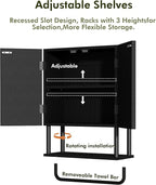 RUSTOWN Fluted Bathroom Wall Cabinet with 2 Doors, 3-Tier Modern Farmhouse Medicine Cabinet, Over The Toilet Storage Cabinet with Adjustable Shelf and Towel Bar(Black, Small)
