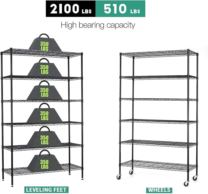 PayLessHere | 6-Tier Wire Shelf with Wheels | 48"x18"x82" | Black | Adjustable Racks | Heavy-Duty Storage Shelves, Holds Upto 510 lbs | Rust-Resistant, No-Tool Assembly | for Home, Garage Shelving