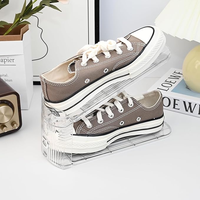 12-Pack Shoe Slots Organizer for Closet, Adjustable Shoe Stacker & Space Saver, Clear Double Deck Shoe Storage for Small Spaces, Transparent Gold