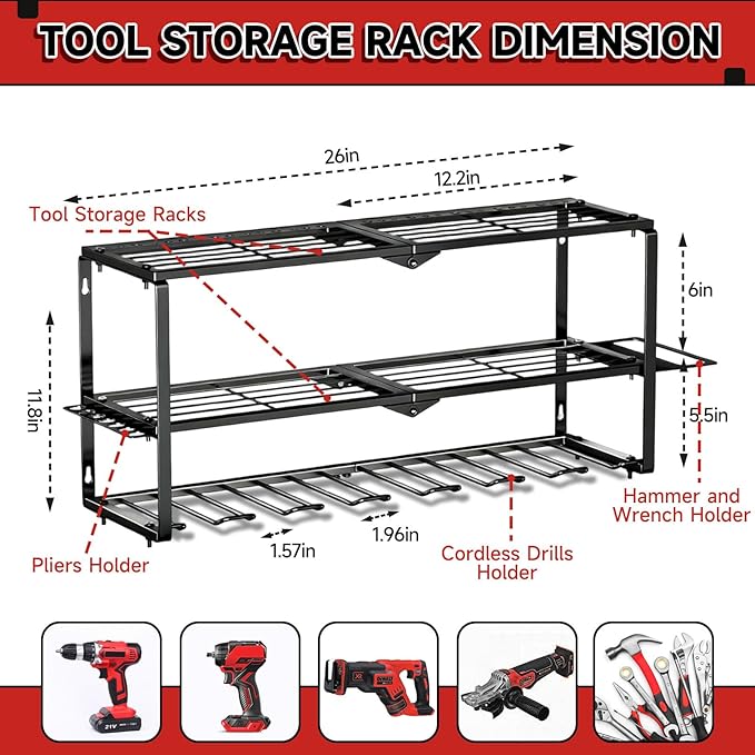 Power Tool Organizer Wall Mount, 150Lbs 3 Layer Metal Tool Storage Rack with 7 Cordless Drill Holder Heavy Duty, Battery Drills Storage Tool Organizer for Workshop,Garage,Tool Room,Pegboard