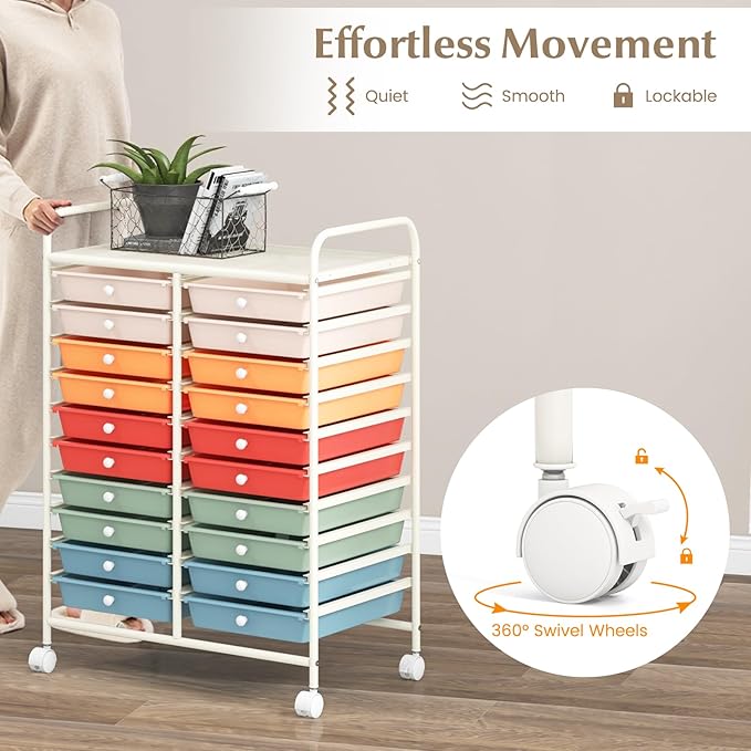 GOFLAME 20-Drawer Rolling Storage Cart, Multifunctional Art Craft Organizer Cart, Mobile Utility Storage Cart with Removable Drawers & Lockable Wheels, Craft Cart for Home Office School, Macaron Color