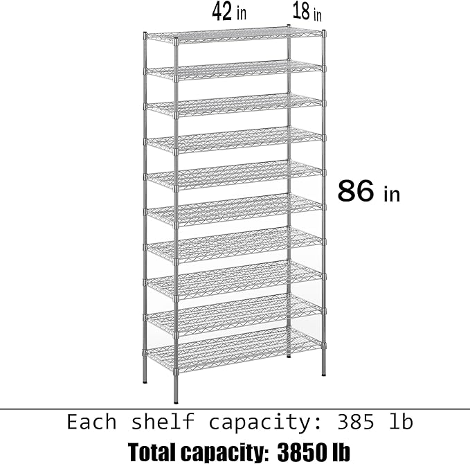 18" Deep x 42" Wide x 86" Height Wire Shelving Kit | 10-Tier | NSF Commercial Storage Rack Unit