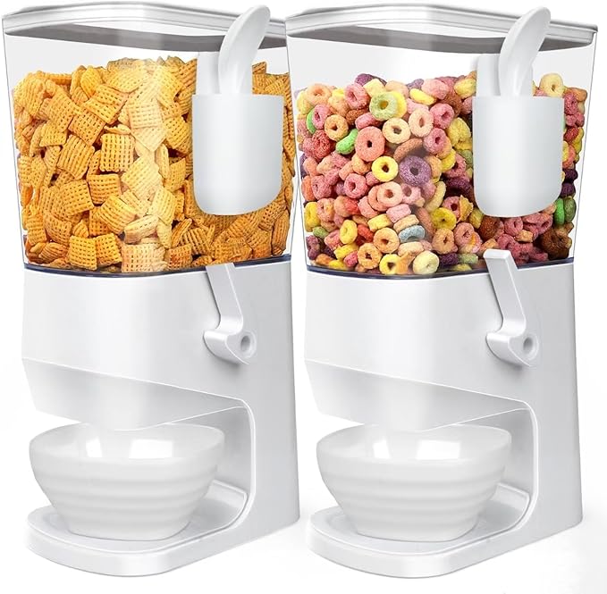 Cereal Dispenser Countertop With Bowls and Spoons Cereal Containers Storage for Pantry Snack Organizer Dry Food Storage Container with Lid for Kitchen Organization Oatmeal Nut Granola（2pcs White）