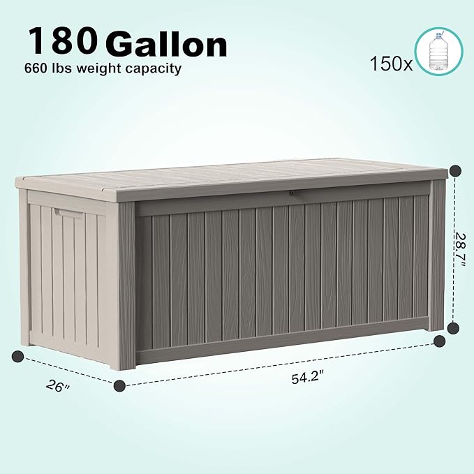 EasyUp 180 Gallon Deck Boxes Waterproof, Outdoor Large Storage Boxes with Lids, Outside Resin Storage Box & Deck Boxes for Patio, Garden Use(Gray)