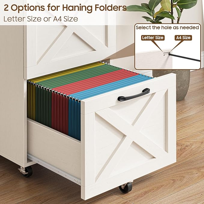 3 Drawer Tall File Cabinet with Wheels, Farmhouse Vertical Filing Cabinet Fits Letter/A4 Size, Rolling File Cabinets Wooden Printer Stand for Home Office, Rustic White