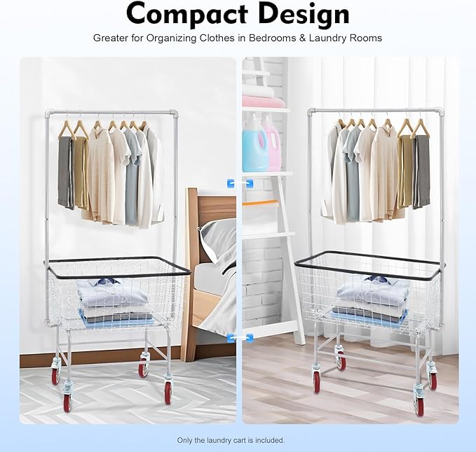 67"H Laundry Cart, Rolling Laundry Basket with Hanging Rack & Wheels, Metal Steel Wire Clothes Hamper with Storage Shelf for Homes, Hotels, Bathrooms & Commercial Laundry, 110lbs Capacity(B)