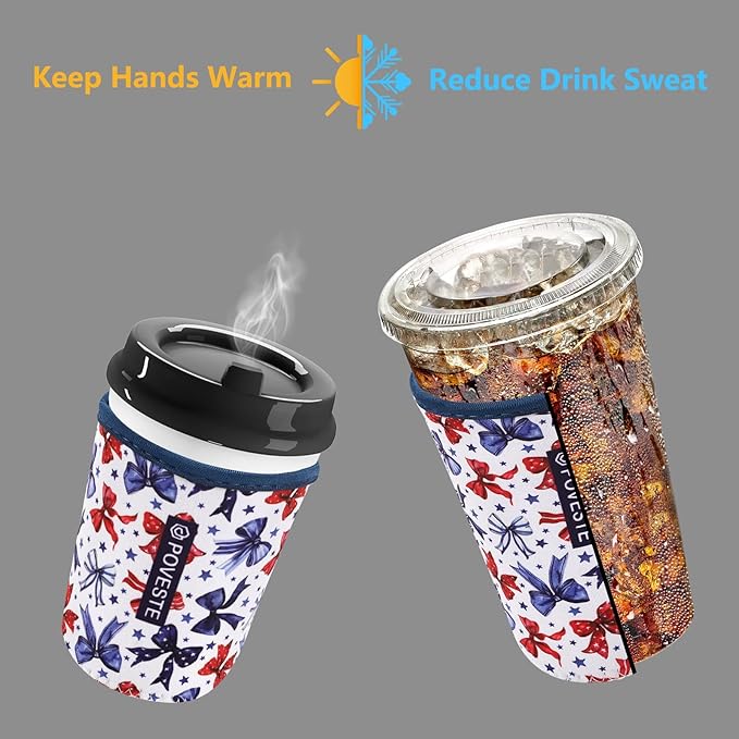 Reusable Neoprene Insulator Sleeve for Iced Coffee & Cold Soda, Coffee Sleeves for Iced & Hot Drinks, Cold Beverage Cooler Compatible with Starbucks, Dunkin (Bow&Patriot, Medium: 22-24oz)