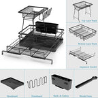 2 Tier Dish Drying Rack, Large Extendable Dish Racks for Kitchen Counter or Over Sink, Dishrack with Drainboard, 2-in-1 Anti-Rust Stainless Steel Dish Drainer with Utensil Holder & Cup Holder (Black)