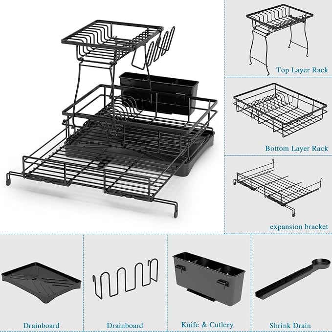 2 Tier Dish Drying Rack, Large Extendable Dish Racks for Kitchen Counter or Over Sink, Dishrack with Drainboard, 2-in-1 Anti-Rust Stainless Steel Dish Drainer with Utensil Holder & Cup Holder (Black)