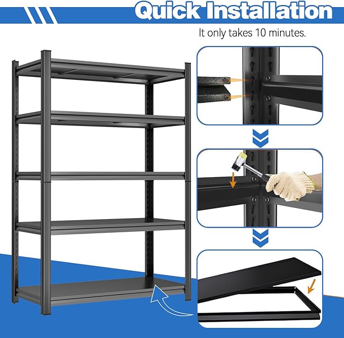 78"H Storage Shelves Heavy Duty Garage Shelving 3000LBS 5 Tier Adjustable Metal Shelving Unit Storage Rack for Basement, Warehouse, Pantry, Closet, Kitchen 39.4" W × 17.7" D × 78" H, Black