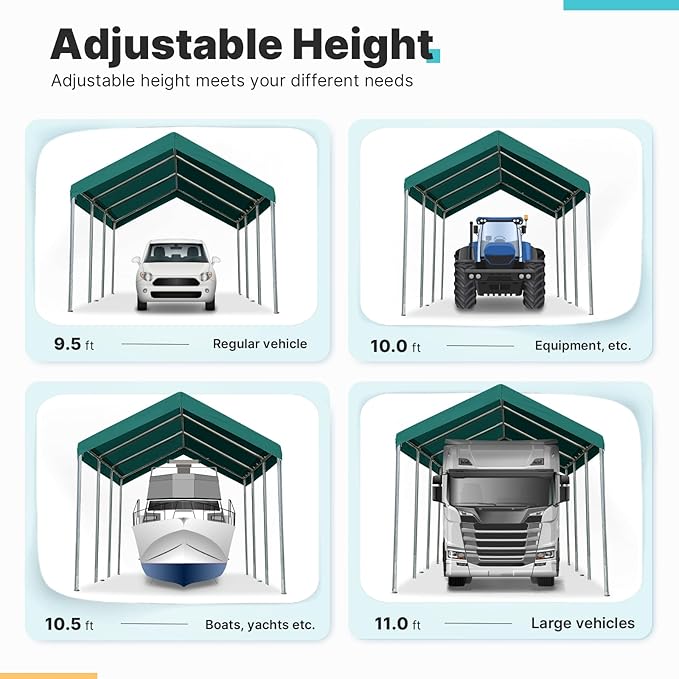 ADVANCE OUTDOOR 10x20 ft Heavy Duty Carport, Adjustable Height Garage Car Canopy Party Tent Boat Shelter, Green