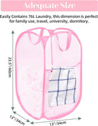 Durable Collapsible Laundry Baskets - Reinforced Mesh Pop Up Laundry Hamper with Pocket, Foldable Dirty Clothes Hamper with Carry Handles for Laundry, Bathroom, Kids Room, Dorm or Travel Pink+Grey