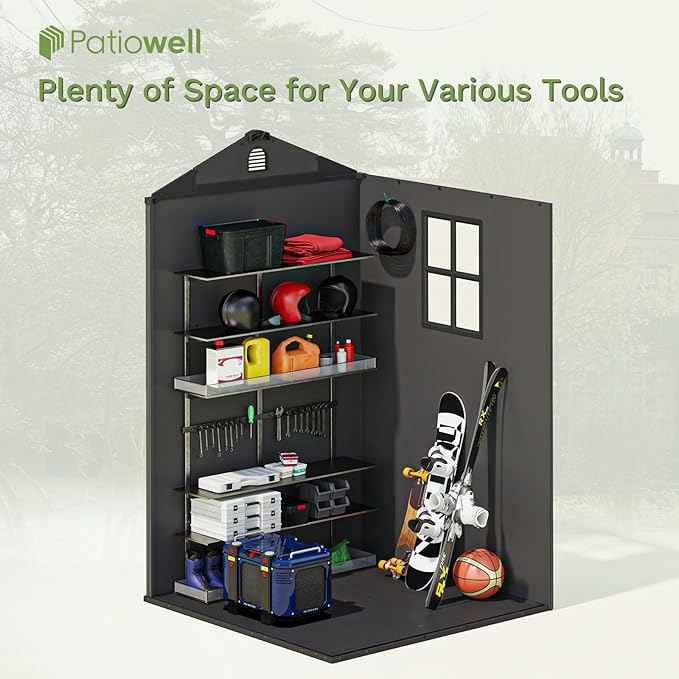Patiowell 4' x 4' Outdoor Storage Shed with Floor, Plastic Shed Outside Resin Tool Shed with Window and Lockable Door for Backyard Garden Patio Lawn, Deep Gray