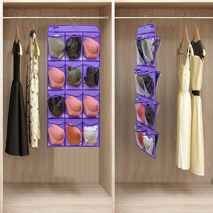 Dual Sided Hanging Shoe Organizer for Closet with Rotating Hanger Hanging Shoe Rack Holder with 24 Large Pockets (Purple-Clear Pockets)