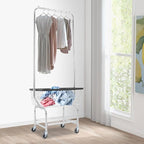 Laundry Cart with Hanging Rack, Metal Laundry Basket with Wheels, Laundry Hamper with Storage Basket & Shoe Rack, Rolling Laundry Hamper Sorter(110LBS Capacity,19.69" x 15.75" x 70.87", Black Trim)