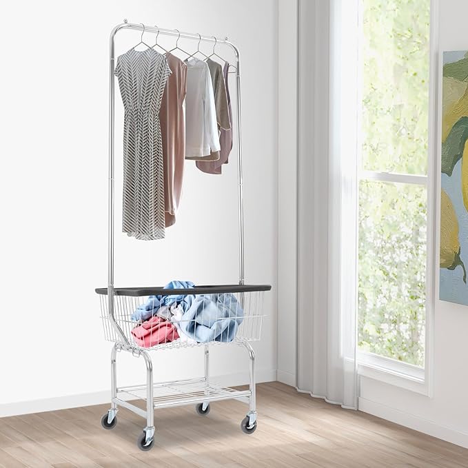 Laundry Cart with Hanging Rack, Metal Laundry Basket with Wheels, Laundry Hamper with Storage Basket & Shoe Rack, Rolling Laundry Hamper Sorter(110LBS Capacity,19.69" x 15.75" x 70.87", Black Trim)