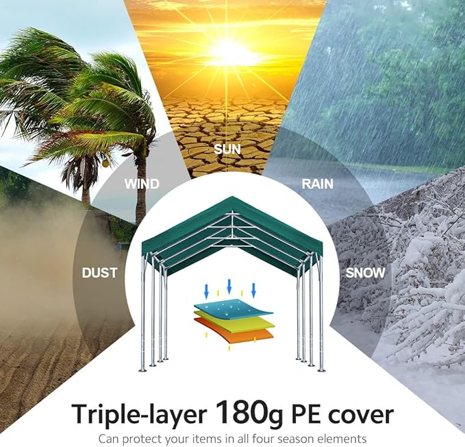 ADVANCE OUTDOOR 12x20 ft Canopy Garage Heavy Duty Carport Car Boat Shelter Party Tent, Adjustable Peak Height from 9.5ft to 11ft, Green