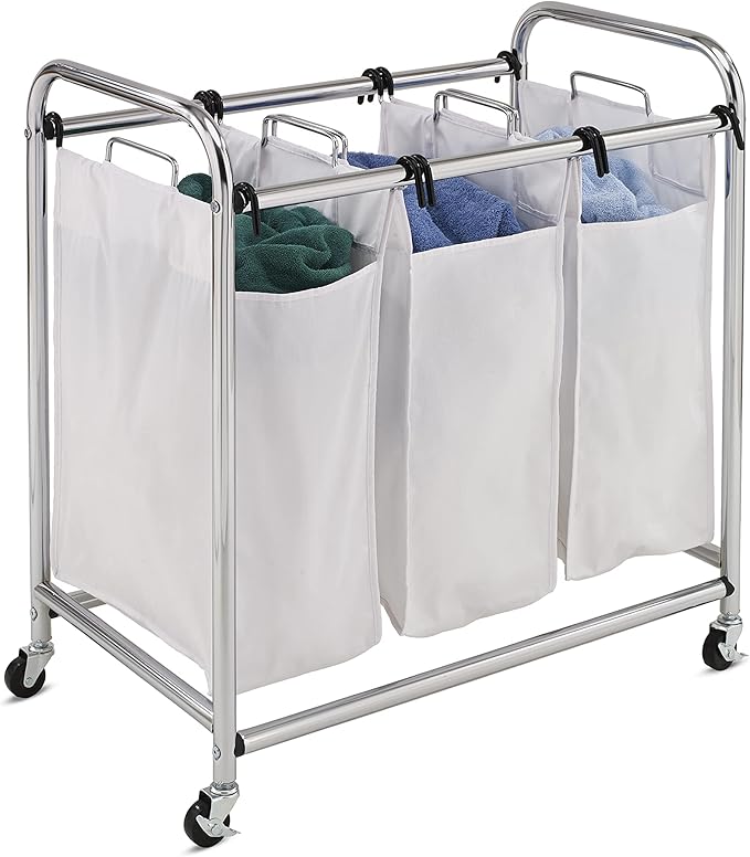 Honey-Can-Do SRT-01235 Heavy-Duty Triple Laundry Sorter, Chrome/White 70 lbs