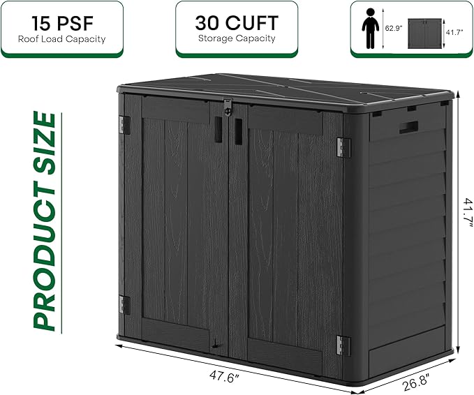 30 Cu.Ft Outdoor Storage Shed, Multi-Purpose Weather-Resistant Utility Shed for Garbage Cans, Lawn Mower, Garden Tools, Waterproof Resin Horizontal Cabinet with Pad-Lockable Doors (Black)