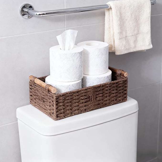 Back of Toilet Basket with Wood Handles, Brown Wicker Toilet Paper Basket for Toilet Tank Top, Narrow Toilet Tank Basket, Bathroom Basket Organizer for Wipes & Essentials