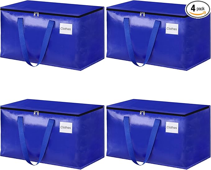 StorageRight Heavy Duty Moving Boxes-Moving Bags with Zipper, Reinforced Handles and Tag Pocket-Collapsible Moving Supplies-Totes for Storage Great for moving, Storage and Travel 93L(Blue-4 Pack)