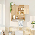 HOOBRO Fluted Medicine Cabinet, Farmhouse Bathroom Wall Cabinet with Towel Rack and Adjustable Shelf, Fluted Wall-Mounted Storage Organizer, for Bathroom, Kitchen, Natural