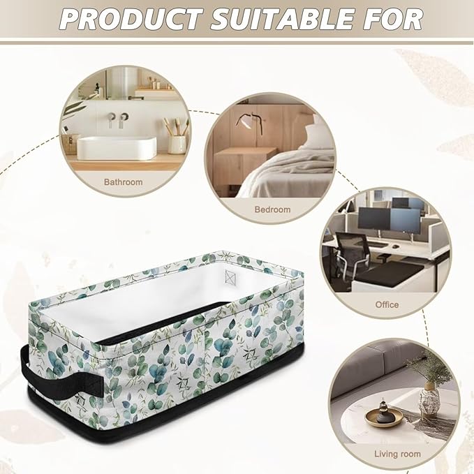 Multi-purpose Storage Basket Small Storage Bins Collapsible Rectangular Toilet Paper Basket Organizer for Bathroom Bedroom Kitchen Office Organization, Eucalyptus Leaf