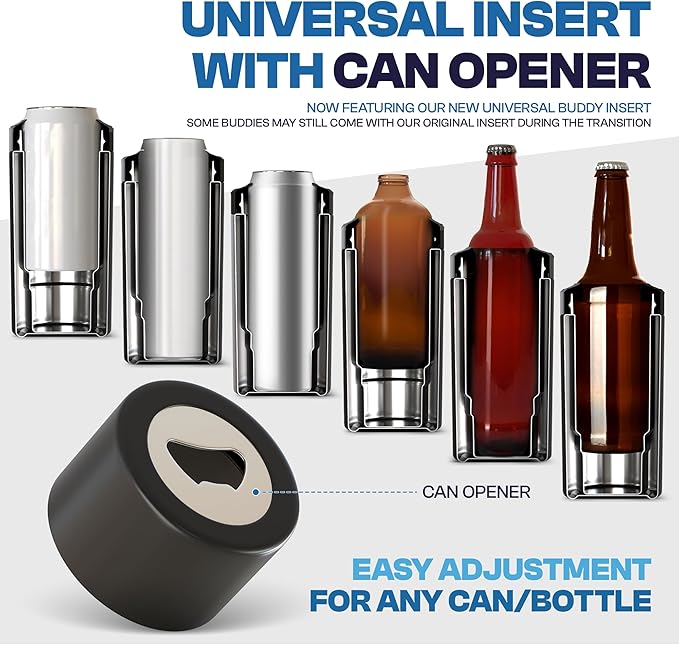 Frost Buddy Universal Can Cooler - Fits all - Stainless Steel Can Cooler for 12 oz & 16 oz Regular or Slim Cans & Bottles - Stainless Steel
