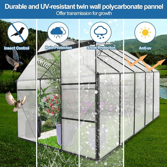 Polycarbonate Greenhouse with Rain Gutter and Roof Vent, Raised Base and Anchor Aluminum Heavy Duty Walk-in Green House, Outdoor Patio Sunroom with Sliding Door (Black, 122.44*74.8*76.77in)