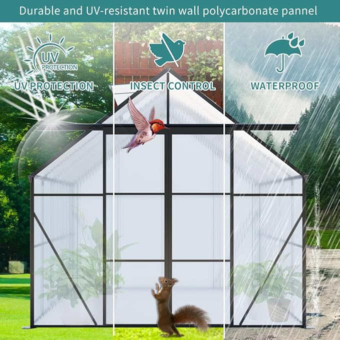 Heavy-Duty Walk-in Polycarbonate Greenhouse with Dual Sliding Doors, Adjustable Roof Ventilation, and Galvanized Steel Base for Year-Round Outdoor Gardening (Black 8*10FT)