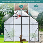 Heavy-Duty Walk-in Polycarbonate Greenhouse with Dual Sliding Doors, Adjustable Roof Ventilation, and Galvanized Steel Base for Year-Round Outdoor Gardening (Black 8*10FT)