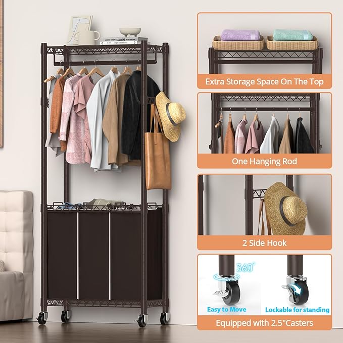 3-Section Laundry Sorter With Hanging Bar, Rolling Hamper Cart, Basket Organizer, Hanging Rack, Lockable Wheels and Removable Bags for Clothes Storage, Espresso