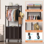 3-Section Laundry Sorter With Hanging Bar, Rolling Hamper Cart, Basket Organizer, Hanging Rack, Lockable Wheels and Removable Bags for Clothes Storage, Espresso