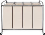 STO STO Laundry Sorter 4 Section, 4 Bag Clothes Hamper, Rolling Laundry Cart Basket with Heavy Duty Lockable Wheels and Removable Bag for Laundry Room, Bedroom, Closet, Beige