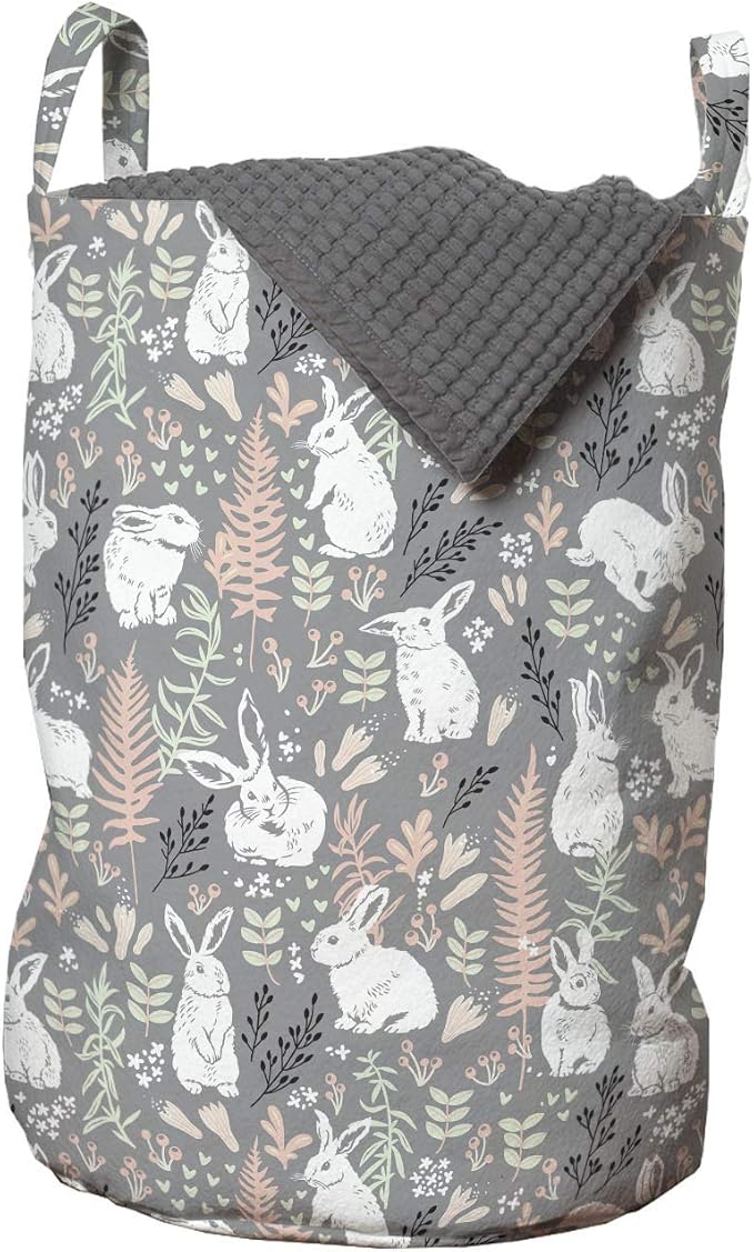 Ambesonne Bunny Laundry Bag, Nature Inspired Pattern Drawn by Hand with White Hares Hearts and Floral Elements, Hamper Basket with Handles Drawstring Closure for Laundromats, 13" x 19", Multicolor