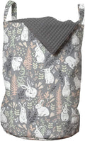 Ambesonne Bunny Laundry Bag, Nature Inspired Pattern Drawn by Hand with White Hares Hearts and Floral Elements, Hamper Basket with Handles Drawstring Closure for Laundromats, 13" x 19", Multicolor