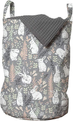 Ambesonne Bunny Laundry Bag, Nature Inspired Pattern Drawn by Hand with White Hares Hearts and Floral Elements, Hamper Basket with Handles Drawstring Closure for Laundromats, 13" x 19", Multicolor