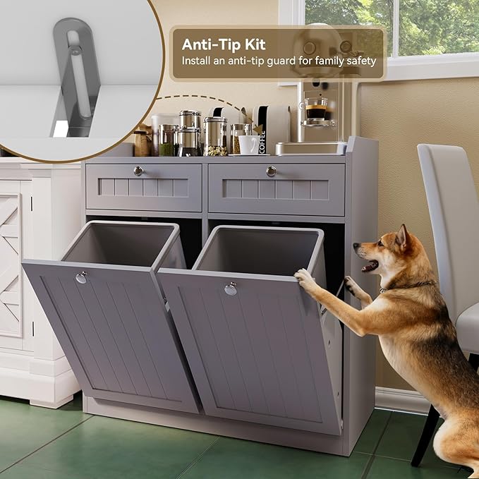 Double Tilt Out Trash Can Cabinet, Dog-Resistant, Fits 13.8"H Bins (Max 11.8"x11.8" Base), Includes Removable Fabric Hamper, Easy Assembly, Grey for Kitchen & Laundry