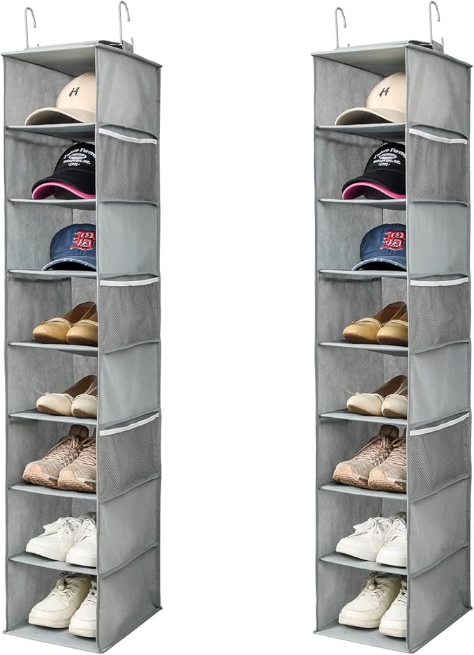 Hanging Shoe Organizer for Closet with Side Mesh Pockets，Hat Racks for Baseball Caps，Shoe and Hat Holder & Storage，8-Shelf，Gray，2 Pack