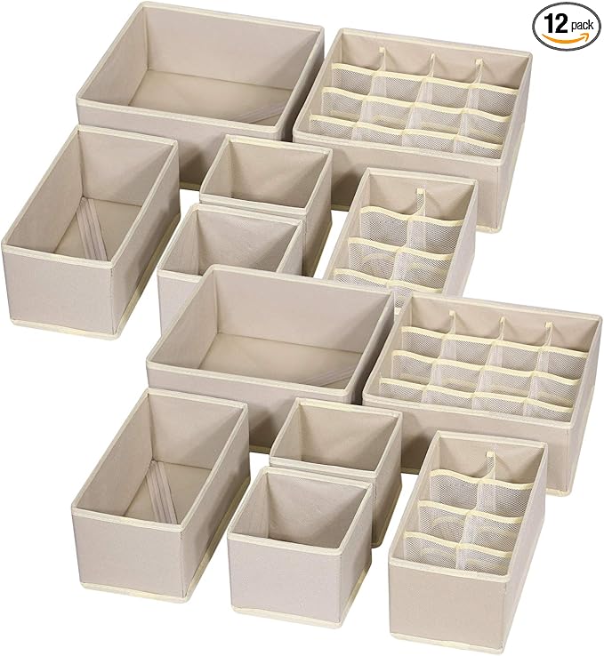 12 Pack Foldable Drawer Organizer Dividers Cloth Storage Box Closet Dresser Organizer Cube Fabric Containers Basket Bins for Underwear Bras Socks Panties Lingeries Nursery Baby Clothes Beige
