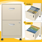 2 Drawer File Cabinet with Lock，Cream Rolling File Cabinet for Home Office, Metal Small Mobile Filing Cabinets on Wheels for Hanging Letter