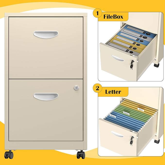 2 Drawer File Cabinet with Lock，Cream Rolling File Cabinet for Home Office, Metal Small Mobile Filing Cabinets on Wheels for Hanging Letter