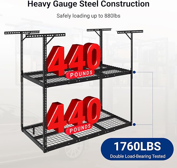 FLEXIMOUNTS 3x6 2-Tier Overhead Garage Storage Rack – Adjustable Heavy Duty Metal Garage Ceiling Storage Racks, 880 lbs Capacity – Garages Organization System for 9–15 ft Tall Garages, Black