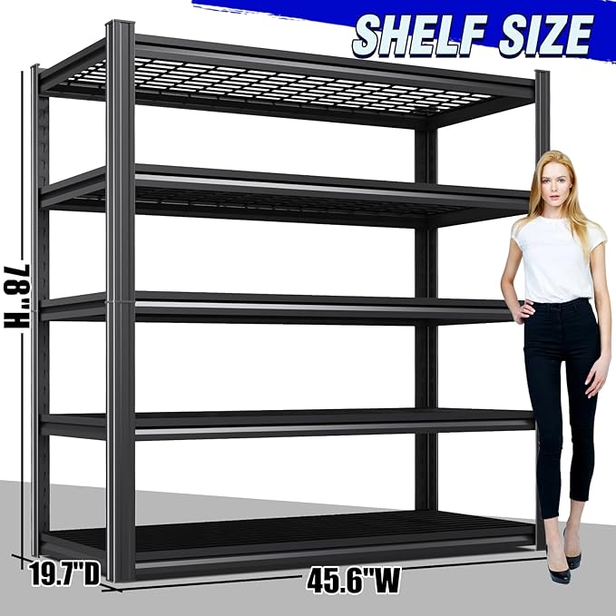 4 Pack 5 Tier Heavy Duty Garage Shelving,2500LBS Adjustable Metal Storage Shelves, Boltless Shelving Unit for Garage, Basement, Warehouse, Pantry, Closet, Kitchen,78"x46"x19.7" Black