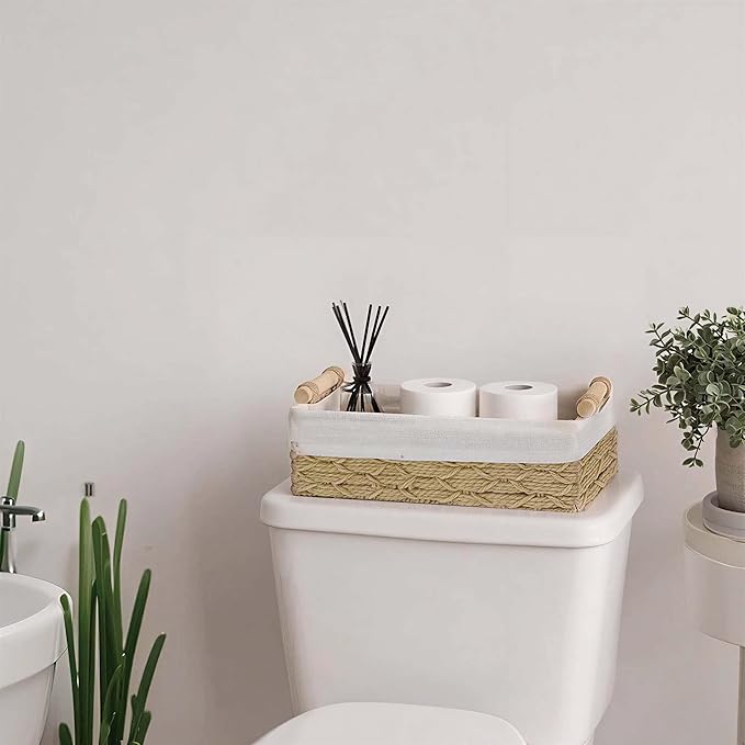 Toilet Paper Storage, Boho Bathroom Decor Woven Basket with Handle Toilet Paper Basket for Organizing Bedroom Living Room Kitchen Storage and Shelf, 2 - Piece Set (Large & Medium)